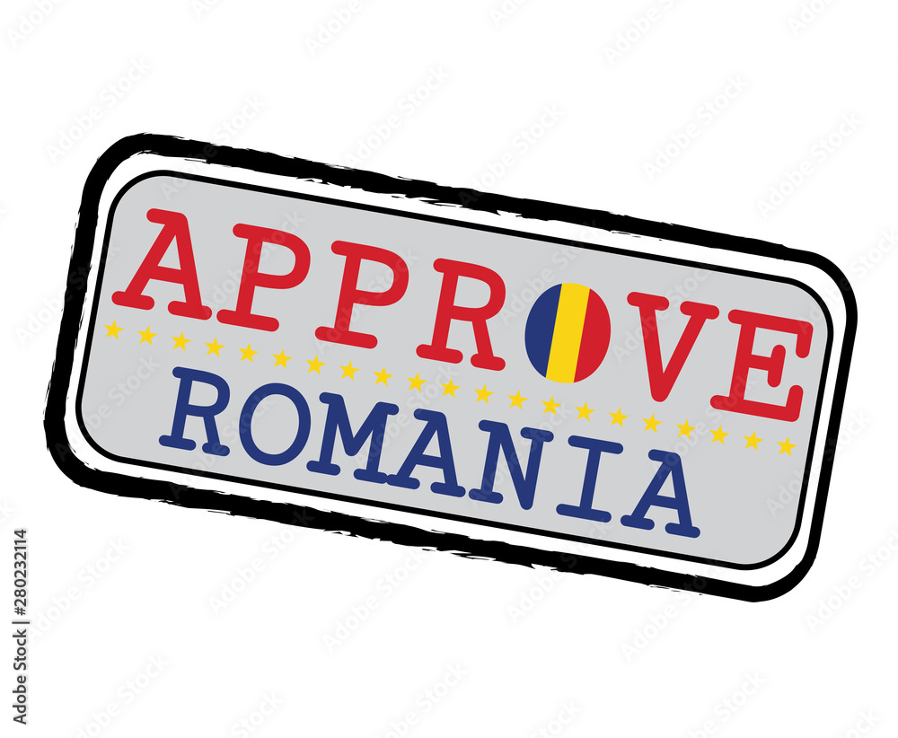 Fototapeta premium Vector Stamp for Approve logo with Romanian Flag in the shape of O and text Romania.