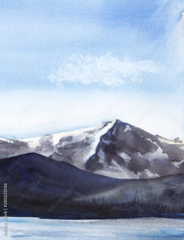 Abstract watercolor landscape. High mountains in a light haze. Snow peaks. A lake, river or sea with a smooth water surface. Light blue sky. Hand-drawn watercolor illustration