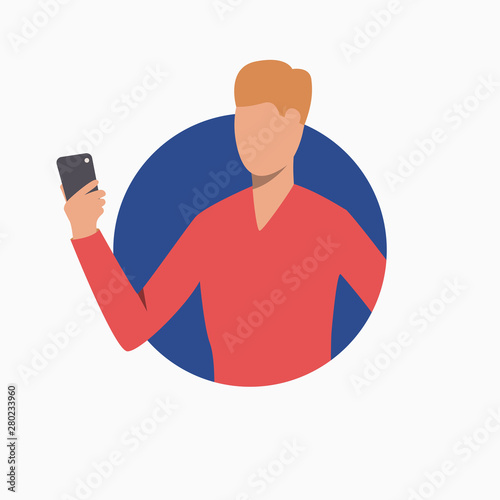 Man taking selfie with smartphone. Device, mobile phone, businessman. Communication concept. Vector illustration can be used for topics like business, technology, connection