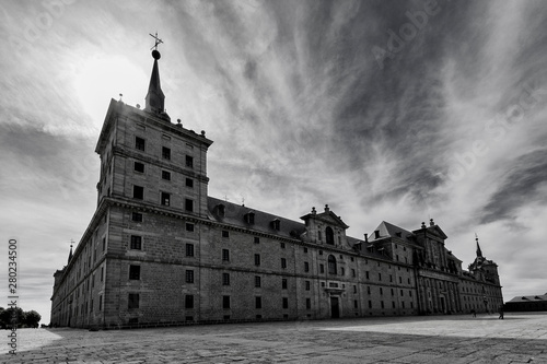 Perspective of the Escorial Palace in black and white in Herrerian style photo