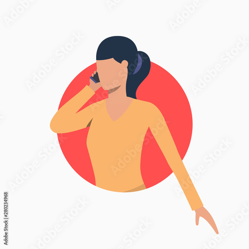 Young woman talking on mobile phone. Conversation, smartphone, call. Communication concept. Vector illustration can be used for topics like technology, connection, device