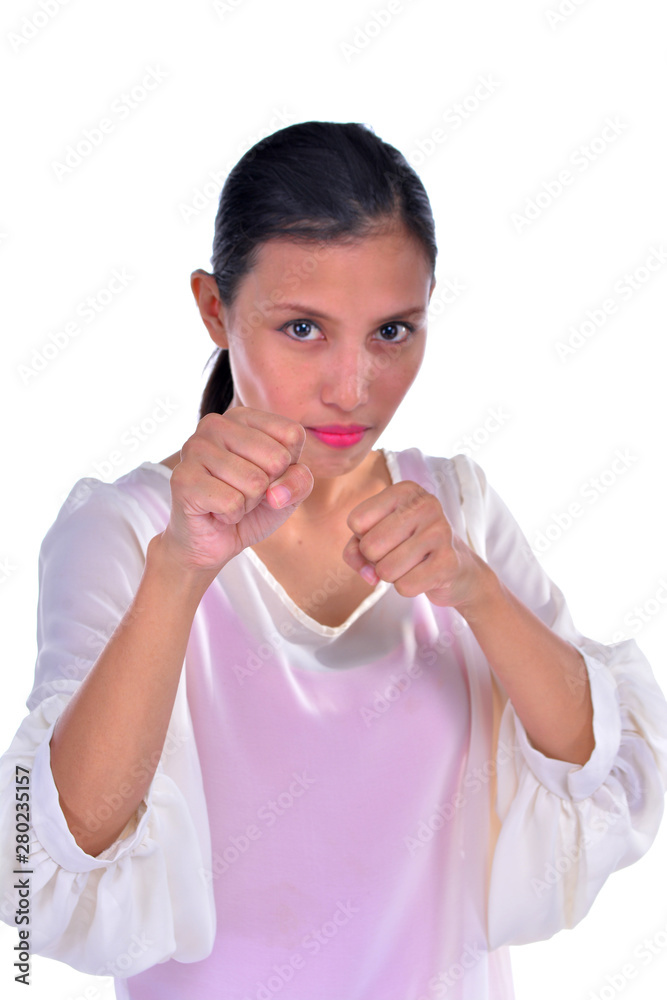 Young businesswoman giving punch over isolated white background Young businesswoman giving punch over isolated white background