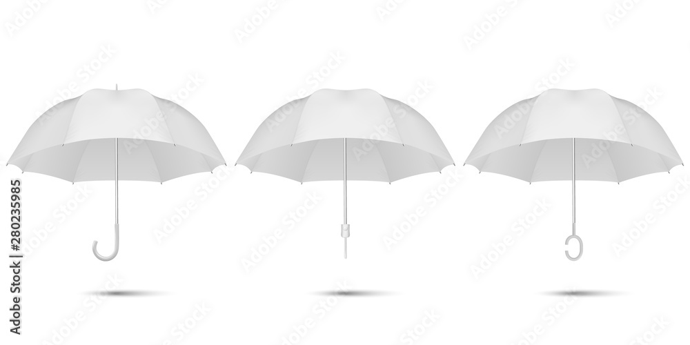 Vector 3d Realistic Render White Blank Umbrella Icon Set Closeup Isolated on White Background. Design Template of Opened Parasols for Mock-up, Branding, Advertise etc. Top and Front View