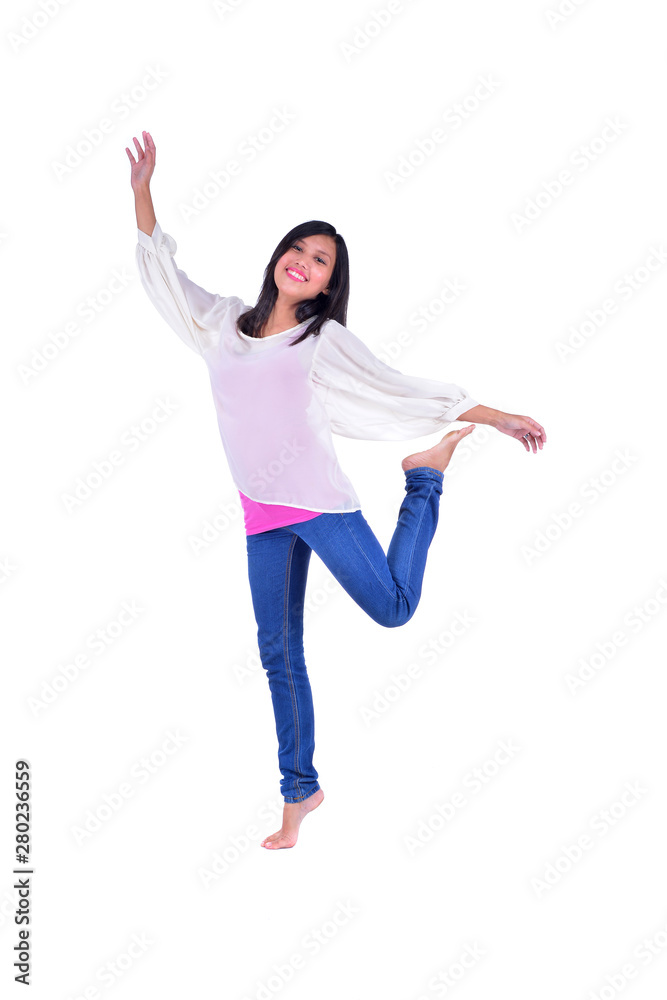 Active girl jumping in joy isolated on white Active girl jumping in joy isolated on white