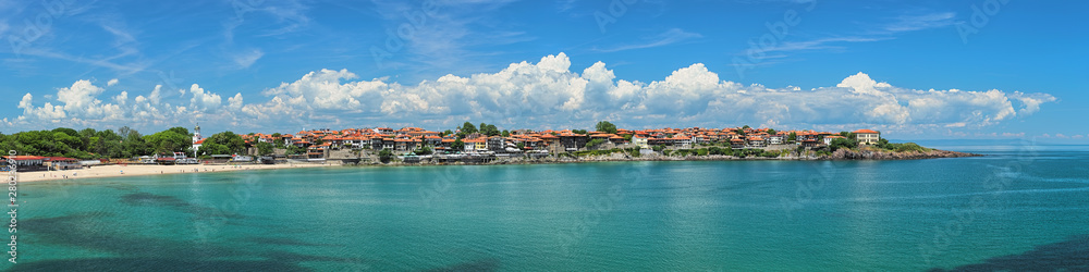 Panorama of Old Town of Sozopol, former ancient town of Apollonia, in Bulgaria. Sozopol is the famous seaside resort on the coast of Black Sea. Photo taken in spring before the start of high season.