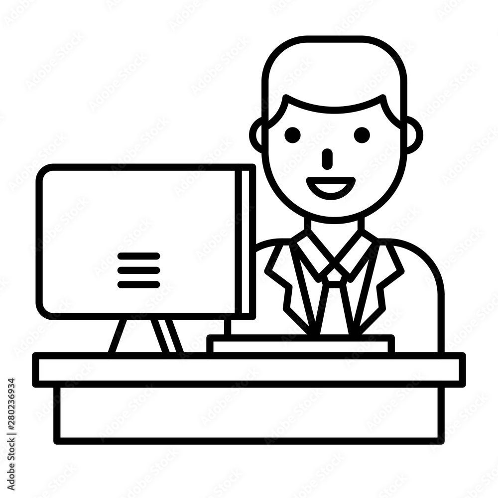 Businessman with desk and screen vector, line style icon Businessman with desk and screen vector, line style icon