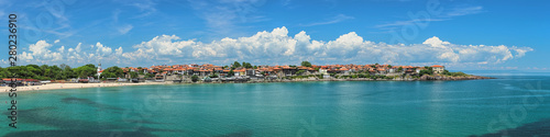 Panorama of Old Town of Sozopol, former ancient town of Apollonia, in Bulgaria. Sozopol is the famous seaside resort on the coast of Black Sea. Photo taken in spring before the start of high season.