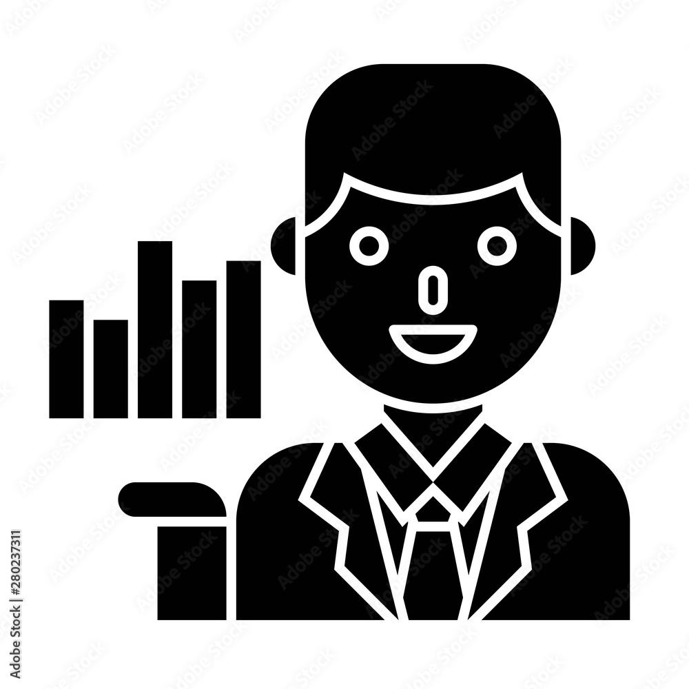 Businessman with bar chart vector, solid style icon