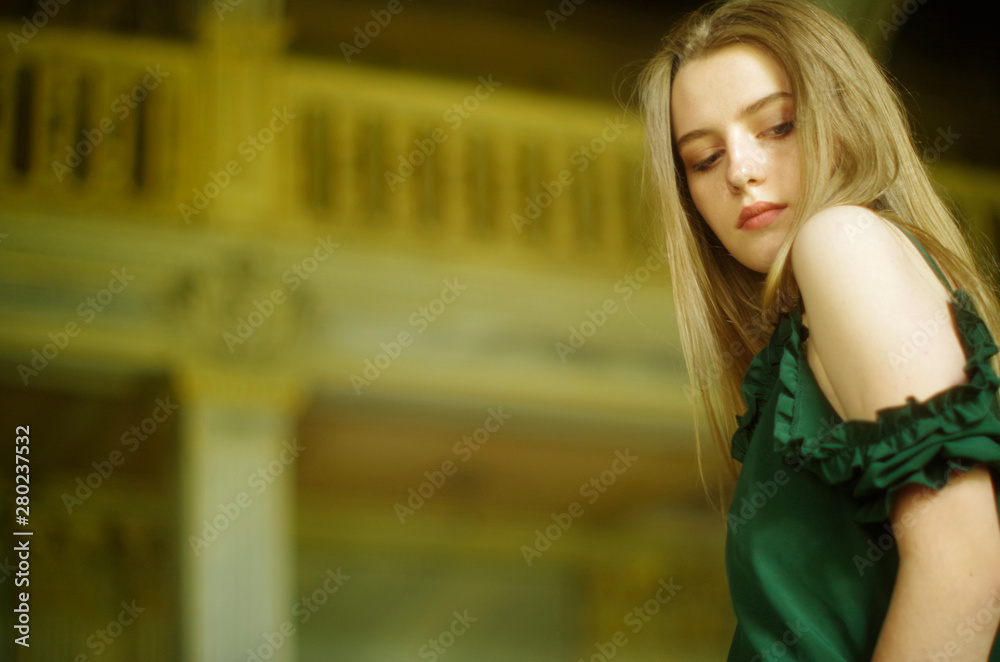  beautiful young blonde with long flowing hair and blue eyes in an old castle