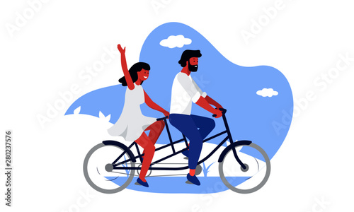 Couple on tandem bicycle vector illustration. Flat style characters - young man and woman - riding tandem bike. Mixed race people. Light blue nature bubble background.