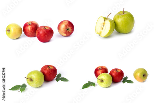 Fototapeta Naklejka Na Ścianę i Meble -  Set of red apples on a white background. Juicy apples of red color with yellow specks on a white background. The composition of juicy red apples
