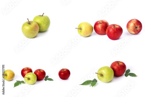 Set of red apples on a white background. Juicy apples of red color with yellow specks on a white background. The composition of juicy red apples