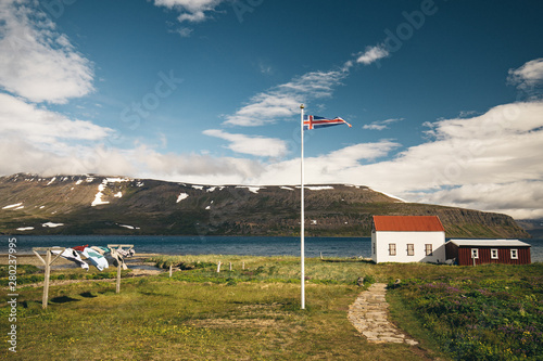 Icelandic wooden house in the ferry port hesteyri hornstrandir nature reserve westfjords iceland