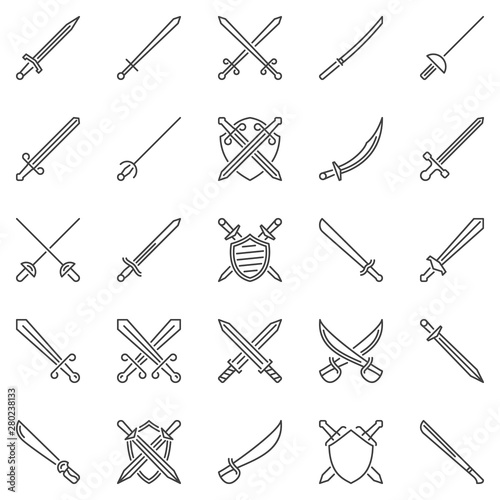 Sword outline concept icons set. Crossed swords, katana and shield vector  symbols in thin line style Stock Vector | Adobe Stock