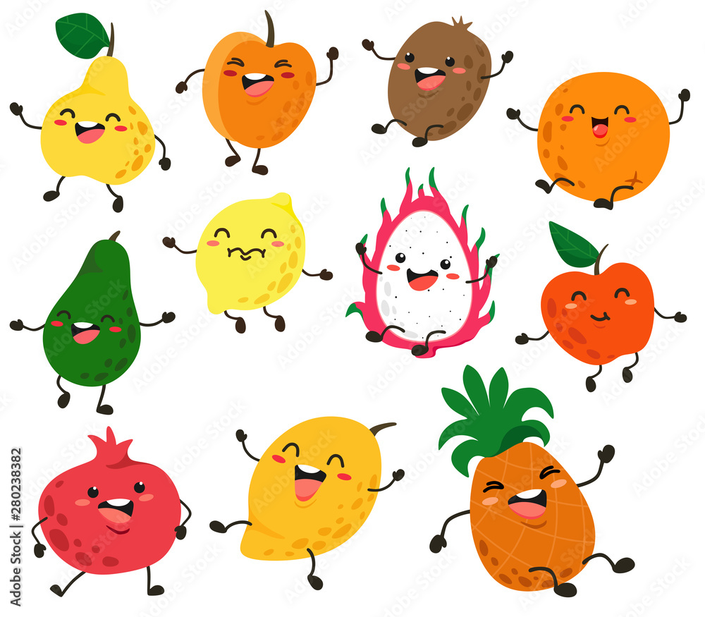 Cute and funny fruit characters with eyes. Vector fruit isolates on white  background. Cartoon fruits Stock Vector | Adobe Stock