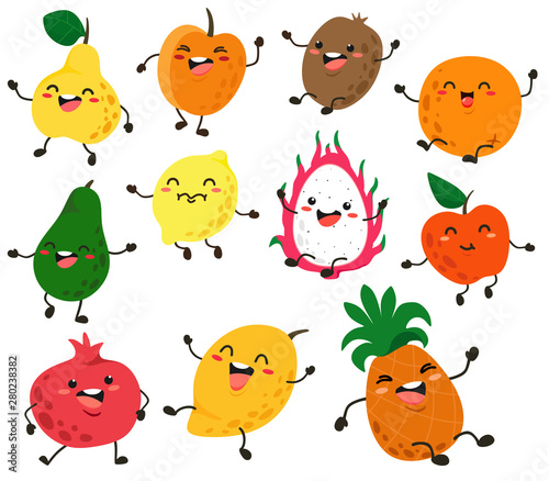Cute and funny fruit characters with eyes. Vector fruit isolates on white background. Cartoon fruits
