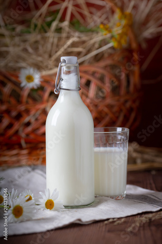 Glass and bottle with fresh milk  eco-friendly.