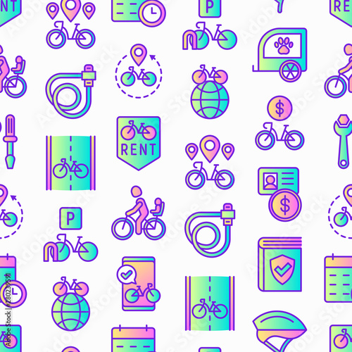 Bike rental seamless pattern with thin line icons: rates, bicycle tours, pet trailer, padlock, helmet, child seat, sharing, pointer, deposit, mobile app, cycling route. Modern vector illustration.