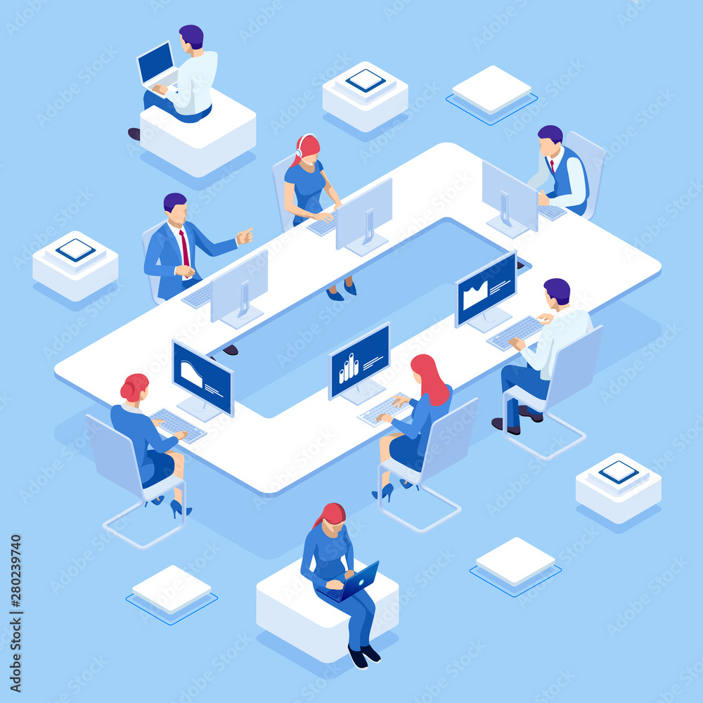 Isometric concept of business analysis, analytics, research, strategy statistic, planning, marketing, study of performance indicators. Investment in securities, smart investment, strategic management