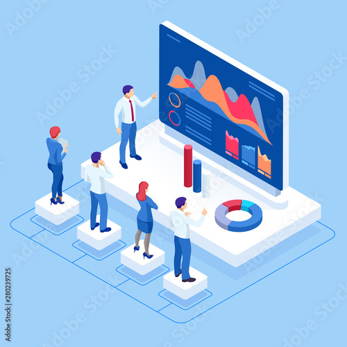 Isometric concept of business analysis, analytics, research, strategy statistic, planning, marketing, study of performance indicators. Investment in securities, smart investment, strategic management