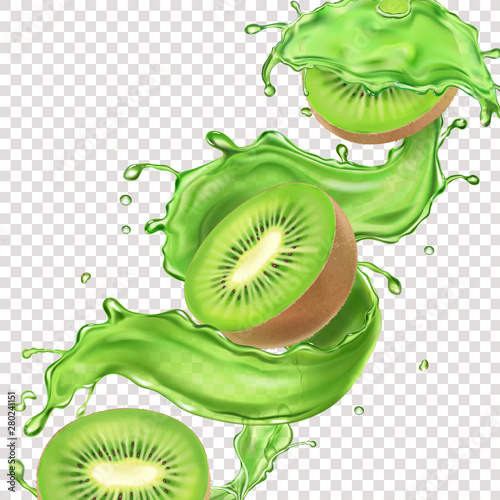 Kiwi fruits in juice splash flow. Juicy product package design.