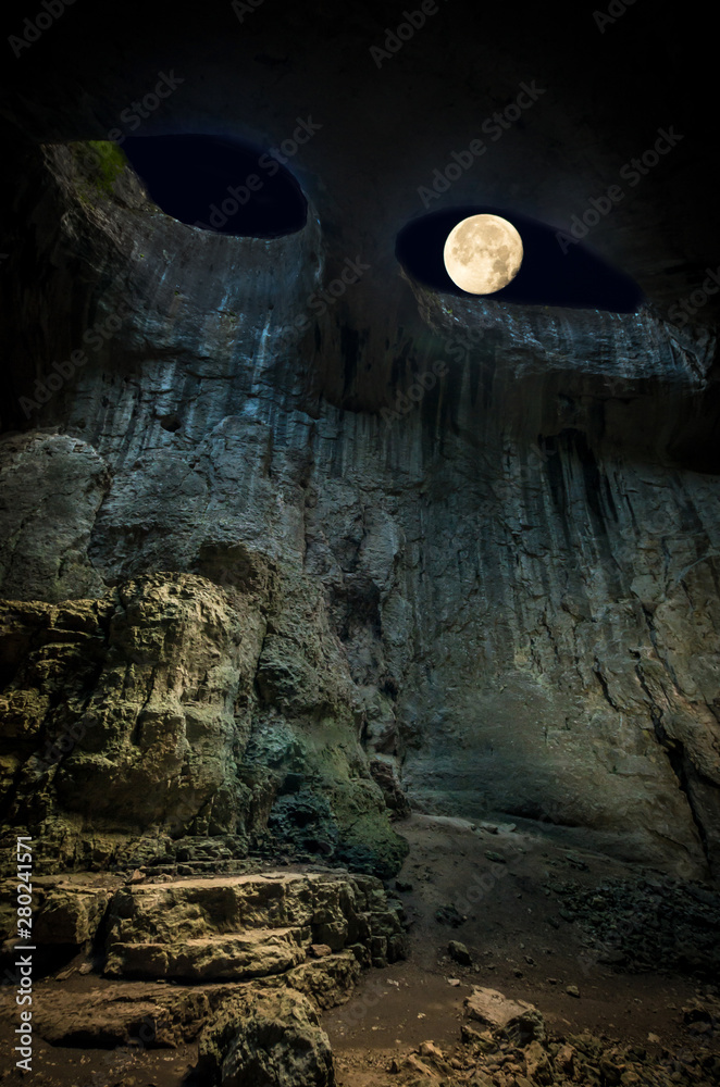 Prohodna cave, Bulgaria. It is nown as God's eyes. Located near Karlukovo  village Stock Photo | Adobe Stock