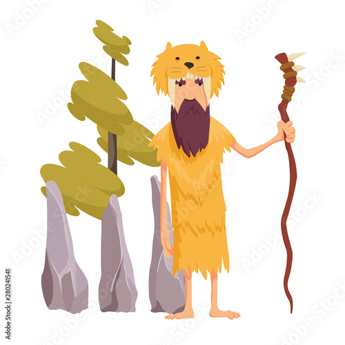 Vector pop art caveman in fur animal skin and wooden stick. Male character of prehistoric, stone age. Illustration for ad poster, promo banner.
