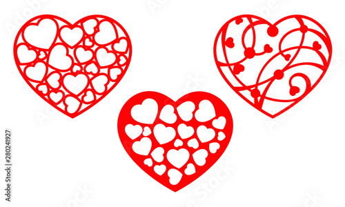 Set of laser cutting template. Happy Valentines Day heart silhouette. Red vector love icon for wedding invitations, baby shower, birthday card, scrapbooking. Stencil for cut out. 