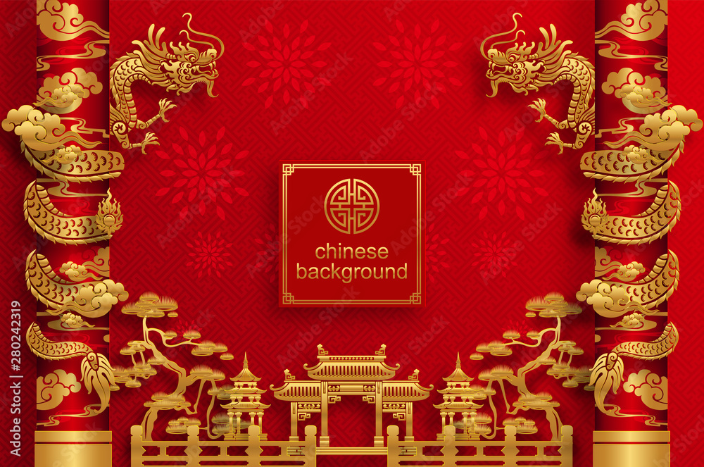 Chinese traditional and asian elements background template on paper color Background. - obrazy, fototapety, plakaty 