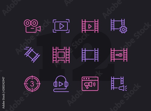 Video record line icons. Set of line icons on white background. Film making concept. Camera, tape, play sign. Can be used for topics like video recording, cinema, media entertainment