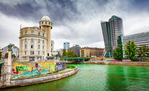 Photography Danube Canal and Vienna city view, Austria