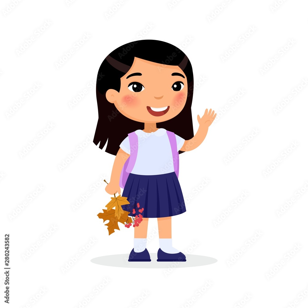 School girl, happy pupil flat vector illustration. Asian girl holding  autumn leaves and berries isolated cartoon character. Elementary school  student with backpack. Cheerful young lady. Back to school Stock Vector |  Adobe