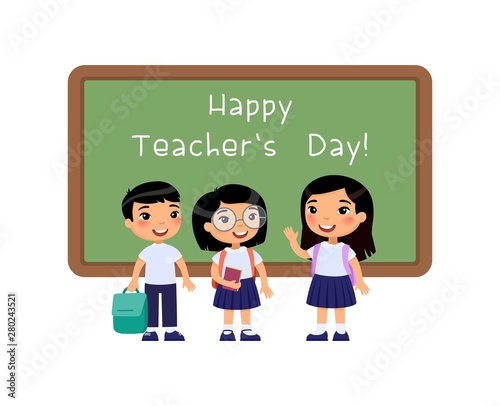 Happy teachers day greeting flat vector illustration. Smiling asianpupils standing near blackboard in classroom cartoon character. Asian schoolkids congratulate teachers. 