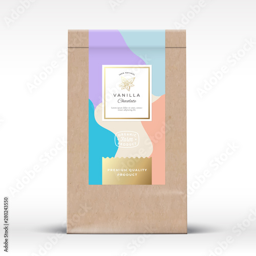 Craft Paper Bag with Minty Chocolate Label. Abstract Vector Packaging Design Layout with Realistic Shadows. Modern Typography, Hand Drawn Vanilla Flower Silhouette and Colorful Background.