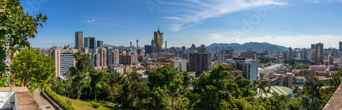 Skyline of central District of Macau inside Nature. Vegetation in foreground.Santo António, Macao, China. Asia.
