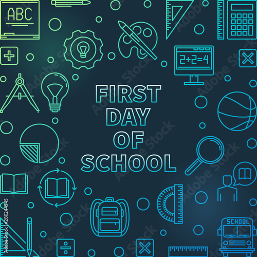First Day of School vector colored outline concept illustration or banner on dark background