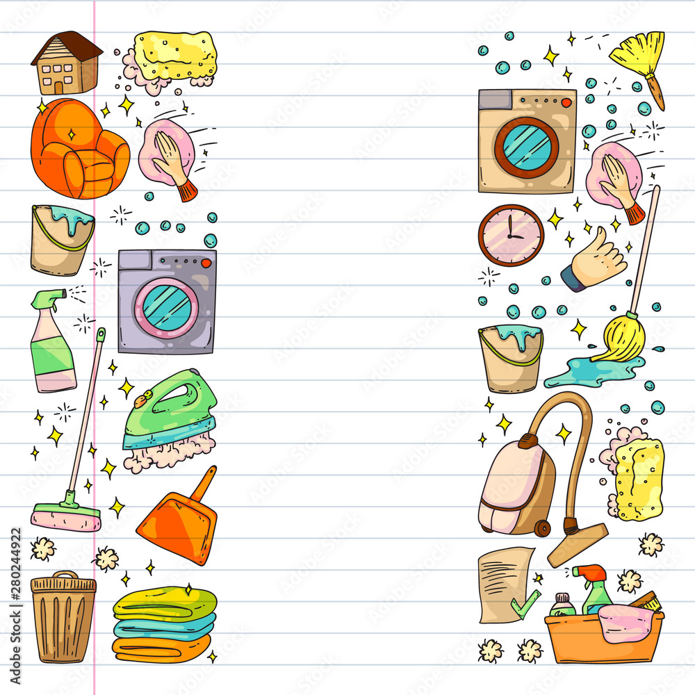 Fototapeta premium Cleaning services company vector pattern. Drawing on exercise notebook.