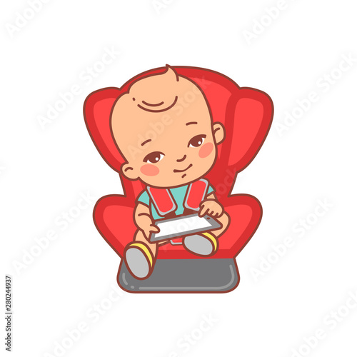 Baby sitting on car seat, play with tablet