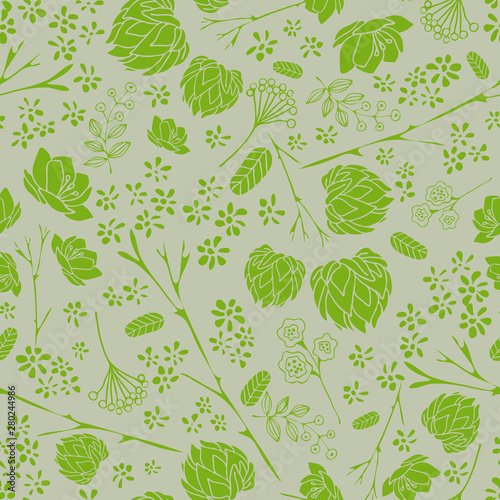 Green wallpaper seamless vintage flower pattern on silver gray background.