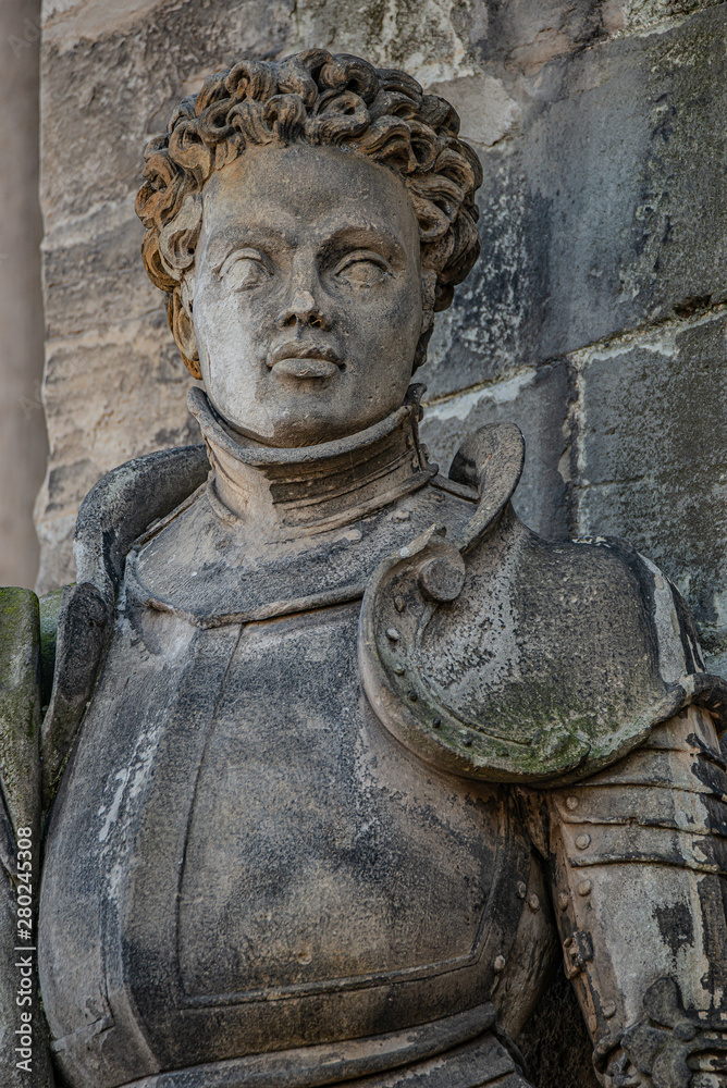 Statue of Saint Maurice (black Knight) in Magdeburg Cathedral as Roman soldier from Thebes in 13 century, Magdeburg, Germany, closeup, details