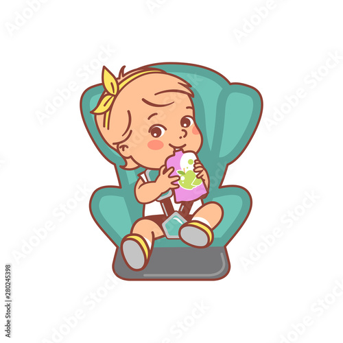 Baby sitting on car seat, eat, drink. 