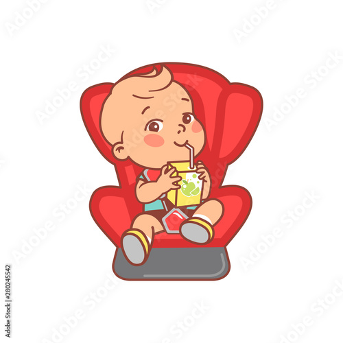 Baby boy in car safety seat drink juice.