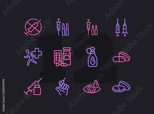 Drugs line icon set. Set of line icons on white background. Medicine concept. Syringe, drug, medical. Vector illustration can be used for topics like hospital, ambulance, pharmacy photo