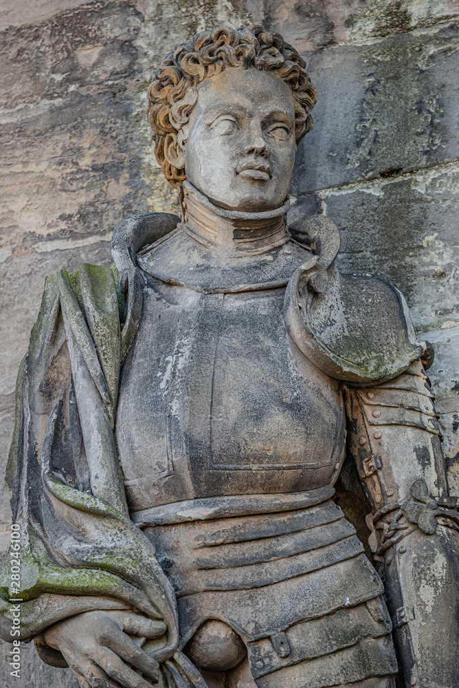 Statue of Saint Maurice (black Knight) in Magdeburg Cathedral as Roman soldier from Thebes in 13 century, Magdeburg, Germany, closeup, details
