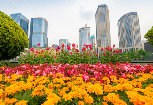 Tianfu Square in the flowers, Chengdu, Sichuan Province, China © Weiming