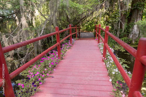 The red bridge in Magnolia plantation and garden near Charleston  South Carolina