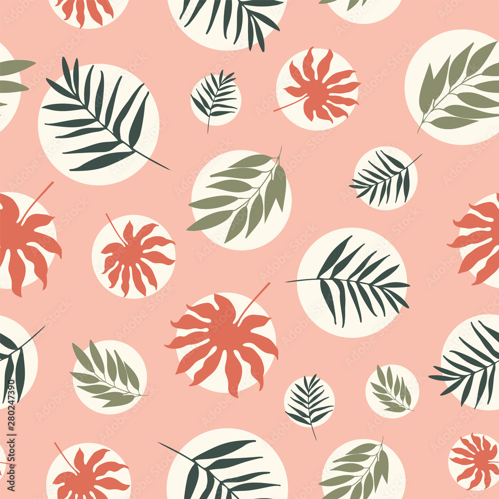 Fototapeta Vector hand drawn tropical leaves in white bubbles seamless pattern.