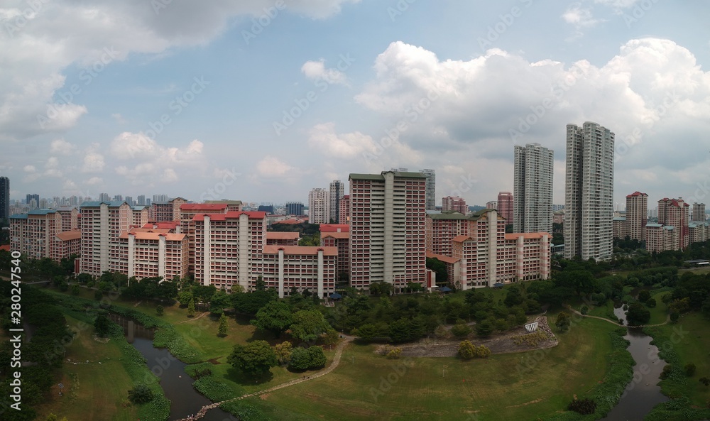 panoramic view of a residential estate behind the park