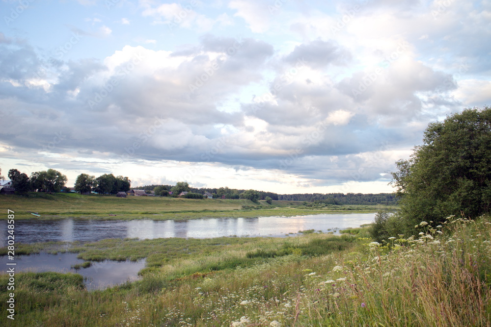 River landscape summer sunny evening