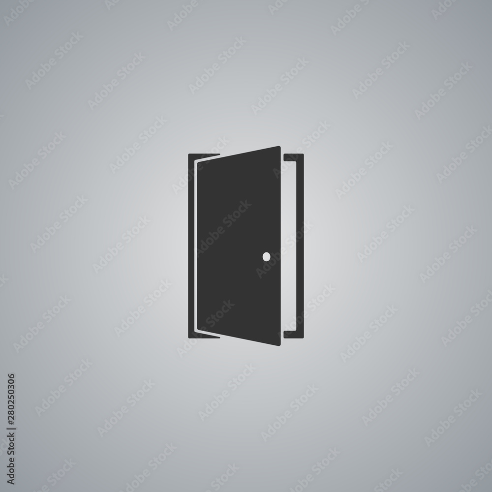 Black open door icon in flat style isolated on grey background. Vector illustration.